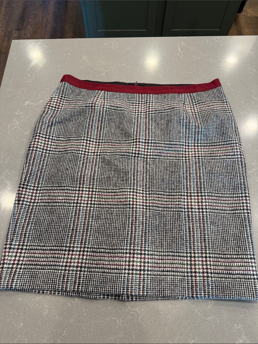 Wool Boden Plaid Pencil Skirt with Burgundy Waistband